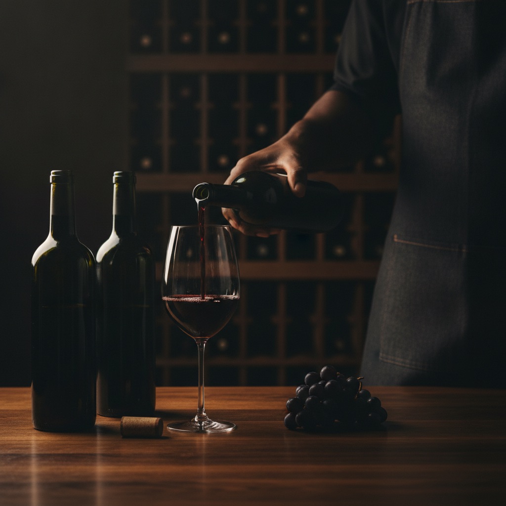 Vinho tinto servido na garrafeira